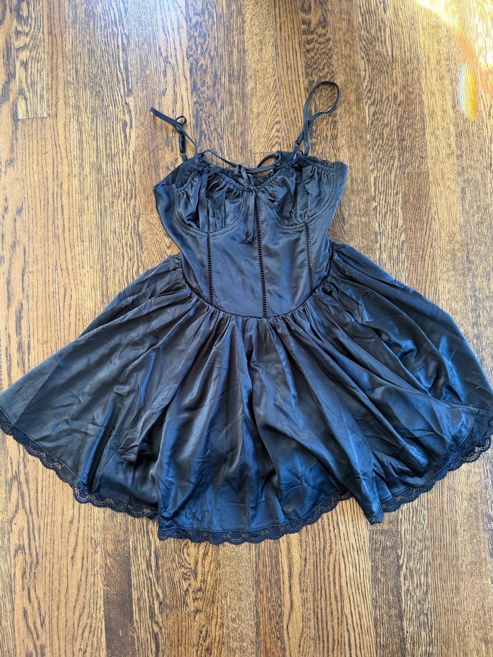 Basque Waist Black Satin Lace Trim Corset Tie Mini Dress
